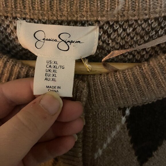 NWT Women's Jessica Simpson Brown and Cream Argyle Cardigan Size XL - Picture 3 of 4